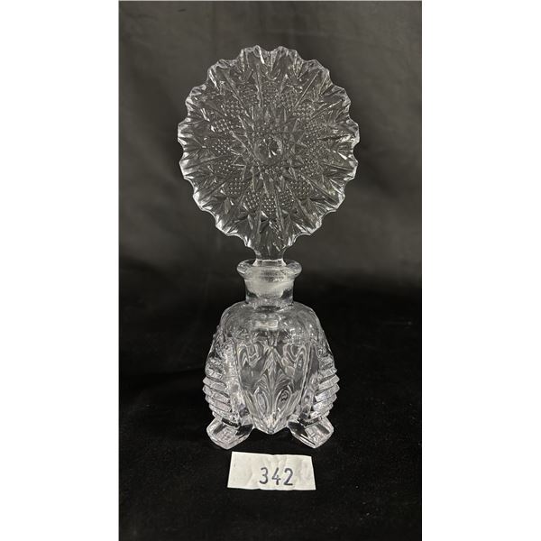 VINTAGE ART DECO STYLE PRESSED GLASS PERFUME BOTTLE WITH STOPPER: 7.5" TALL