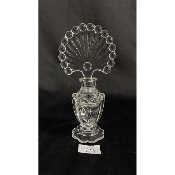 VINTAGE PERFUME BOTTLE WITH FAN SHAPED STOPPER: 8" TALL