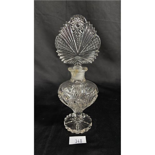 VINTAGE ART DECO STYLE PRESSED GLASS PERFUME BOTTLE WITH STOPPER: 10" TALL