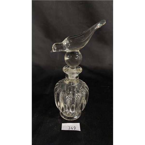 VINTAGE CLEAR GLASS PERFUME BOTTLE WITH BIRD STOPPER: 7.5" TALL