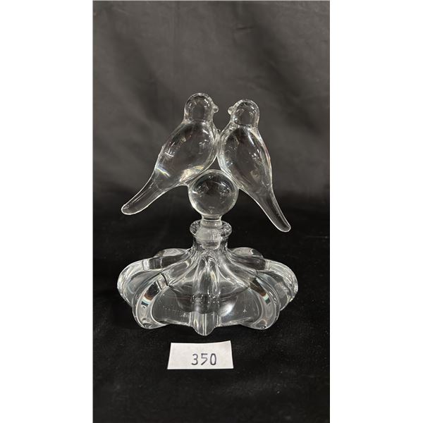 VINTAGE CLEAR GLASS PERFUME BOTTLE WITH LOVE BIRDS STOPPER: 6" TALL