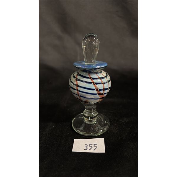 SMALL ART GLASS PERFUME BOTTLE WITH STOPPER: 4.5" TALL