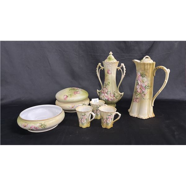 8 PCS OF VINTAGE NIPPON HAND PAINTED PORCELAIN: LIDDED VASE, TEA/CHOCOLATE POT & MORE