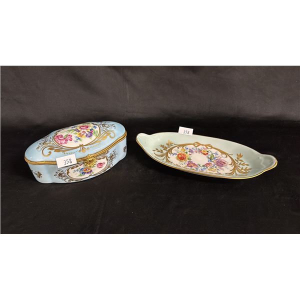 LIMOGES HAND PAINTED PORCELAIN DISH & LIMOGES HAND PAINTED PORCELAIN JEWELRY BOX