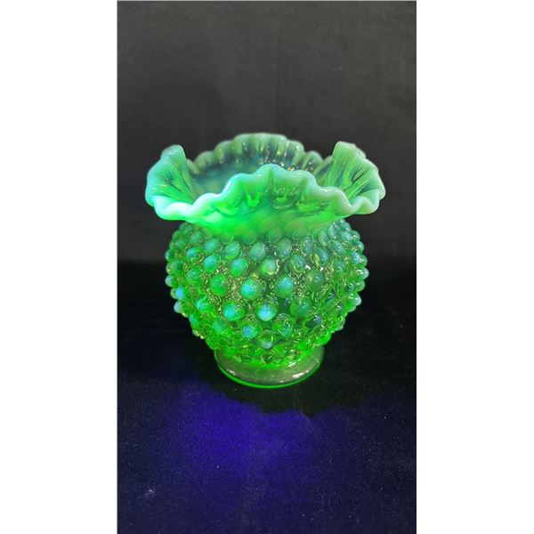 FENTON HOBNAIL LIME GREEN URANIUM GLASS VASE: 4.5" TALL