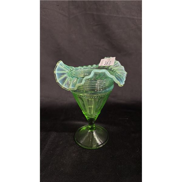 VINTAGE GREEN OPALESCENT 7"T VASE WITH A FLUTED BARS & BEADS PATTERN - POSSIBLY EAPG NORTHWOOD