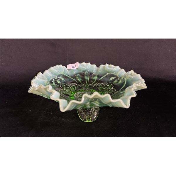 VINTAGE JEFFERSON GLASS "MEANDER" GREEN OPALESCENT 3-FOOTED BOWL: 9" DIA.