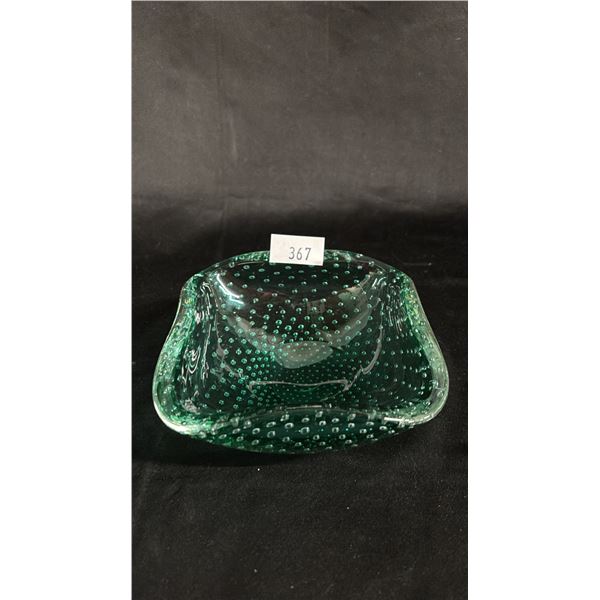 VINTAGE MURANO EMERALD GREEN BULLICANTE BOWL: 5.5"W - *SMALL CHIP IN BOTTOM*