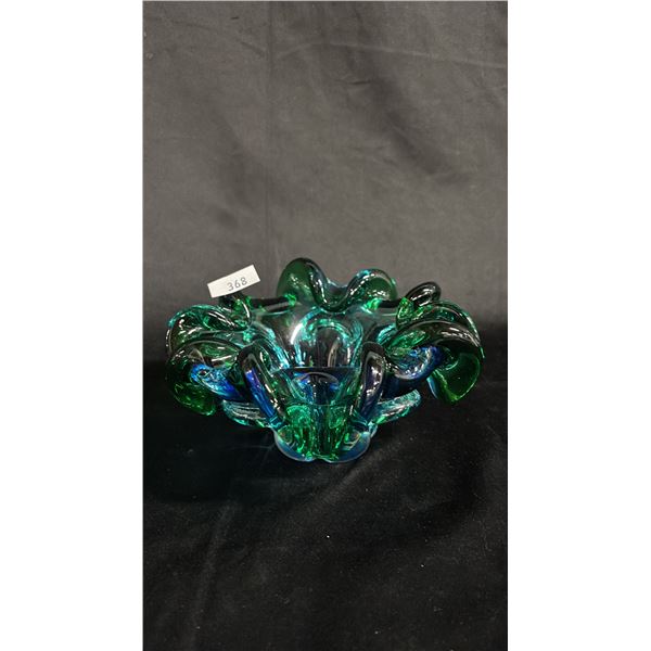BLUE & GREEN ART GLASS BOWL - POSSIBLY LORRAINE GLASS: 8" WIDE