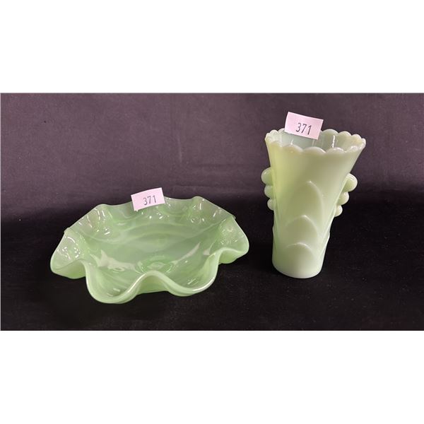 ANCHOR HOCKING 5"T JADEITE MILK GLASS VASE & FENTON 7"W JADEITE MILK GLASS 3-FOOTED BOWL