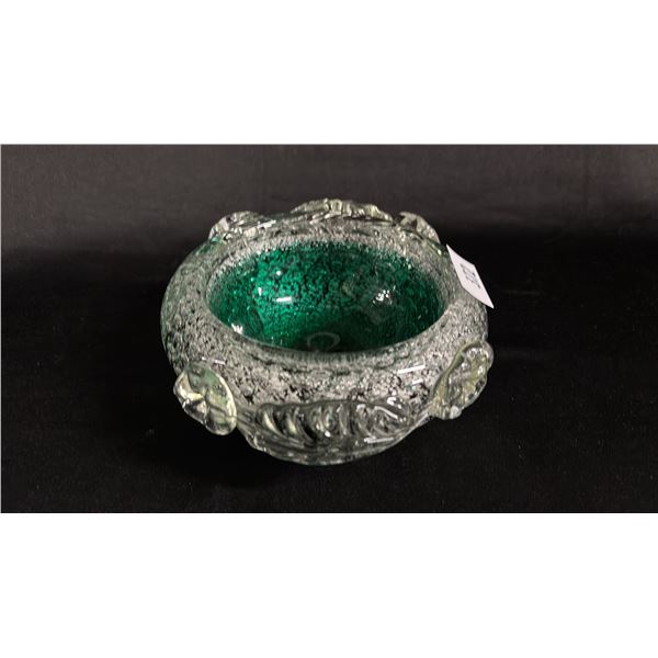 VINTAGE MURANO ART GLASS GREEN BULLICANTE & SILVER SPECK BOWL: 6" WIDE