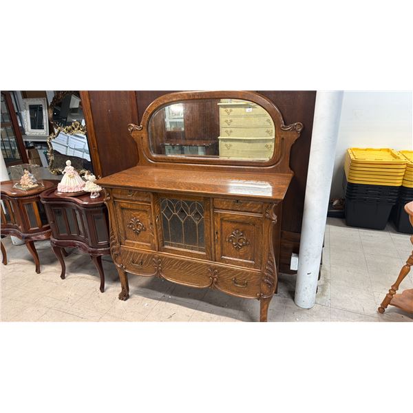 ANTIQUE CANADIANA QUARTER-SAWN OAK MIRROR BACK SIDEBOARD WITH LEAD GLASS DOOR