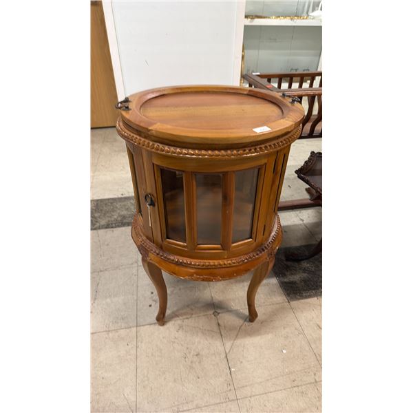 MAHOGANY ROUND SHAPED GLASS PANELS DISPLAY CABINET WITH REMOVABLE SERVING TRAY