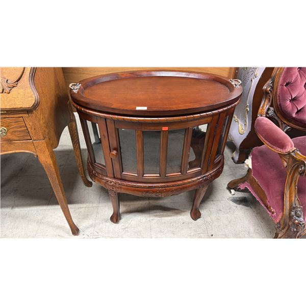 OVAL MAHOGANY DISPLAY CABINET WITH REMOVABLE TRAY