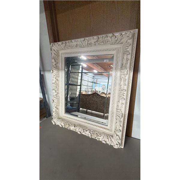 BEVELED WALL MIRROR WITH ORNATE WHITE FRAME 35" X 32"