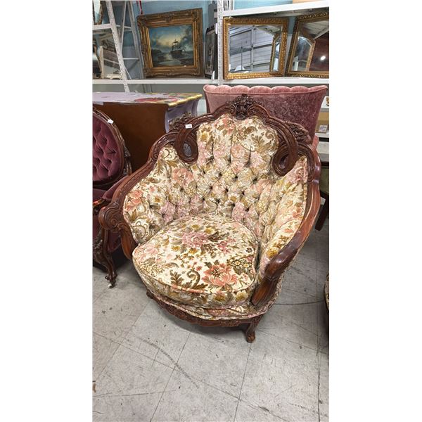 FRENCH PROVINCIAL HEAVILY CARVED BUTTON BACK FLORAL CHAIR