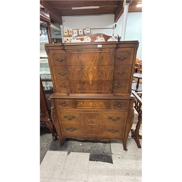 FLAMED WALNUT INLAID 6-DRAWER FRENCH STYLE HIGH BOY CHEST ON CHEST DRESSER CIRCA 1920'S
