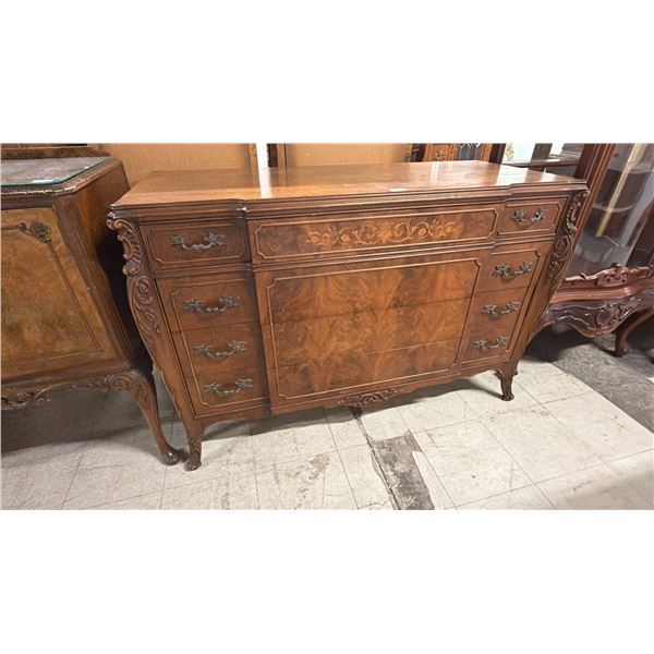 FLAMED WALNUT INLAID 4-DRAWER FRENCH STYLE DRESSER CIRCA 1920'S