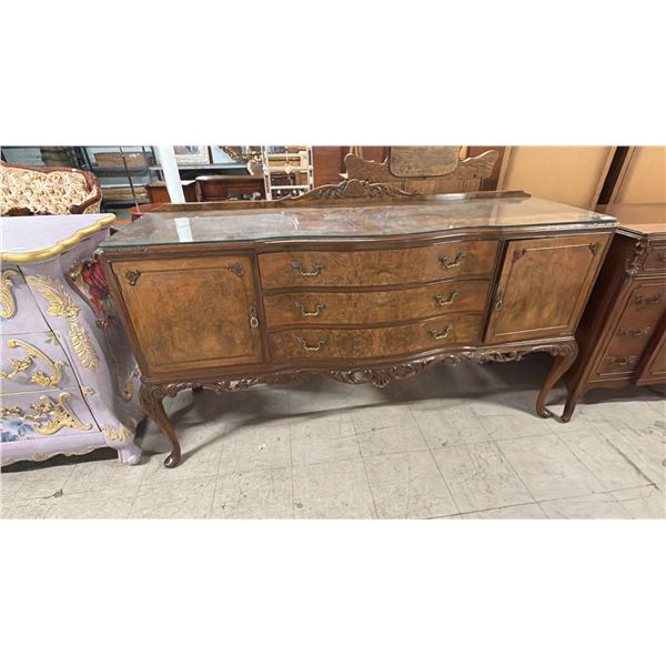 FRENCH STYLE WALNUT SIDEBOARD WITH CUSTOM GLASS TOP