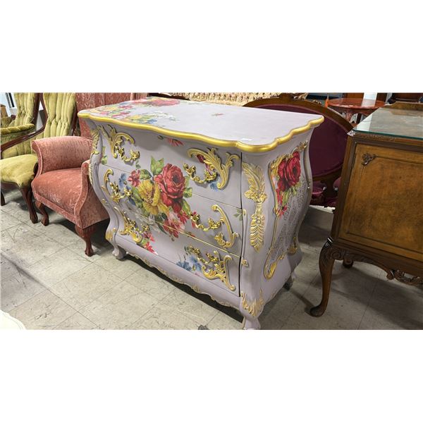 BOMBE CHEST OR COMMODE FEATURING HAND PAINTED GOLD DESIGN & FLORAL ACCENTS 3-DRAWER DRESSER