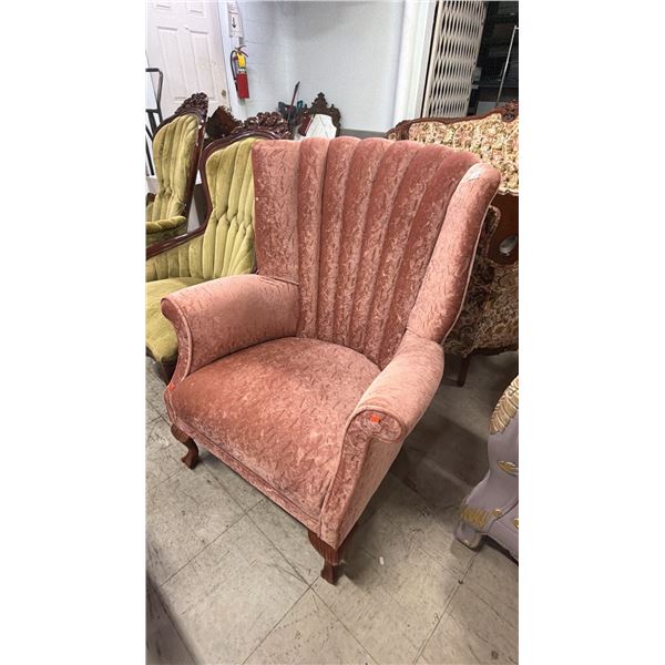 VINTAGE CLAW FOOT CHANNEL BACK DUSTY ROSE ARM CHAIR