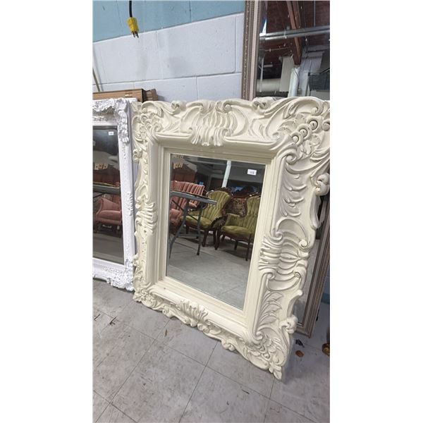 ORNATE WHITE FRAMED BEVELED MIRROR 36.5" X 46"
