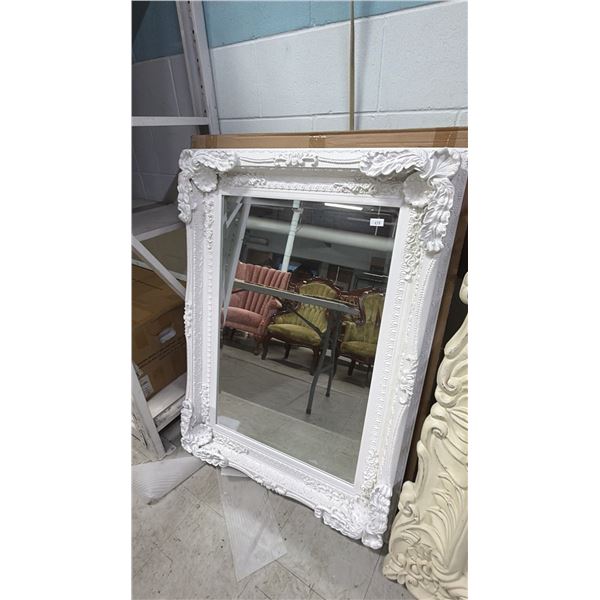 ORNATE WHITE FRAMED BEVELED MIRROR 34" X 47"