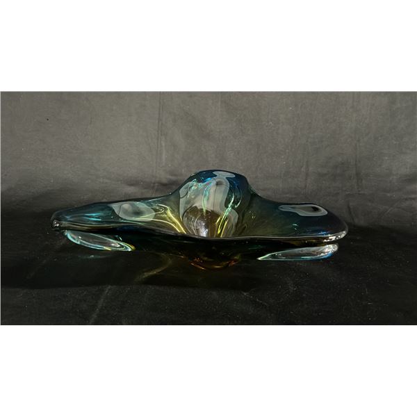 BLUE & AMBER ART GLASS BOWL: 9.25" WIDE