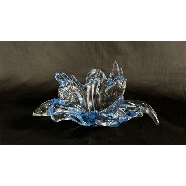 BLUE FREE-FORM STRETCH GLASS BOWL: 9" WIDE