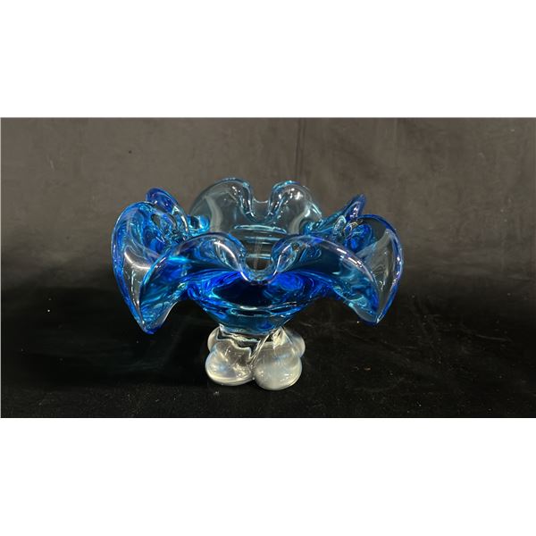 BLUE ART GLASS PEDESTAL BOWL: 6" WIDE
