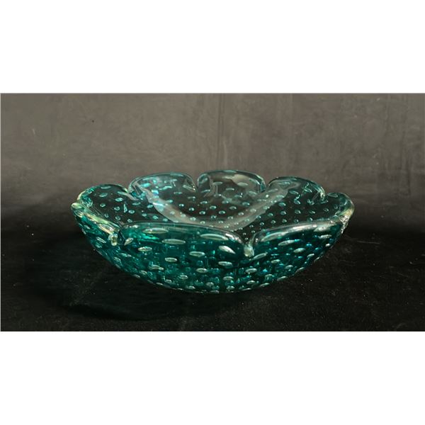 VINTAGE MURANO ART GLASS BLUE BULLICANTE SCALLOPED EDGE BOWL: 8" WIDE
