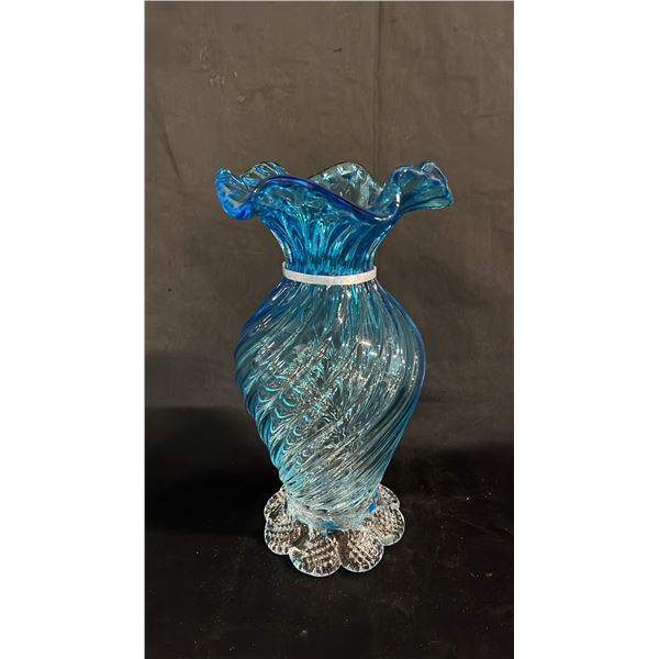 LIGHT BLUE ART GLASS VASE WITH RUFFLED EDGE: 9" TALL