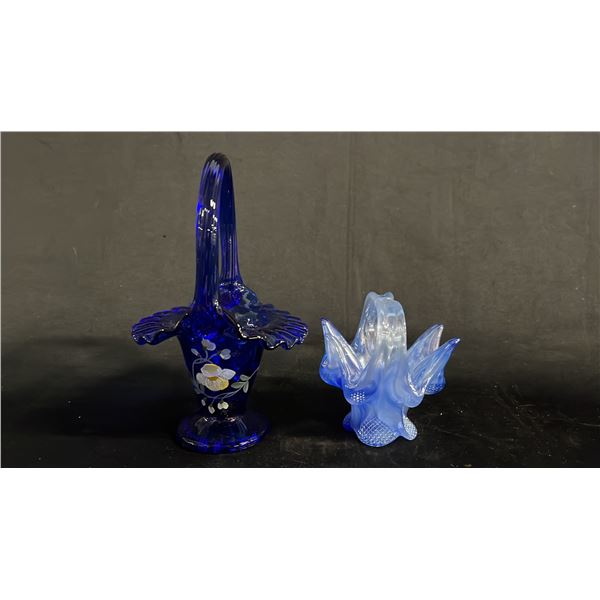 FENTON 7.5"T COBALT HAND PAINTED BASKET & 4" TALL BLUE ART GLASS BASKET