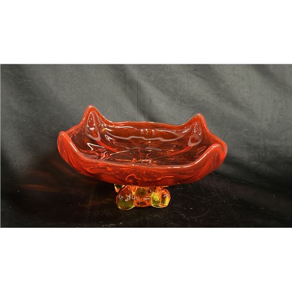 VINTAGE VIKING GLASS AMBERGINA FOUR SQUARE ART GLASS FOOTED BOWL: 9.5" WIDE