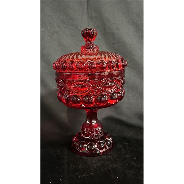 MOSSER GLASS "EYE WINKER" RUBY GLASS COVERED COMPOTE/CANDY DISH: 10.5" TALL