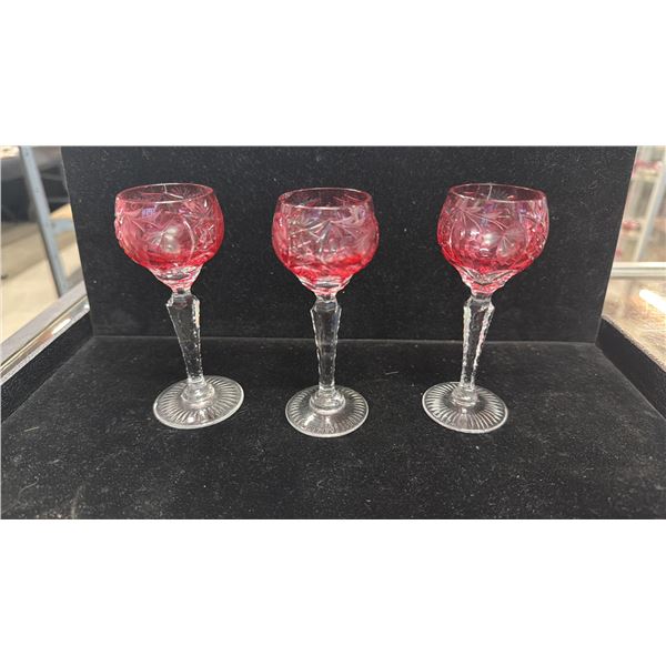 (3) NACHTMANN TRAUBE CRANBERRY-CUT-TO CLEAR CRYSTAL CORDIAL GLASSES