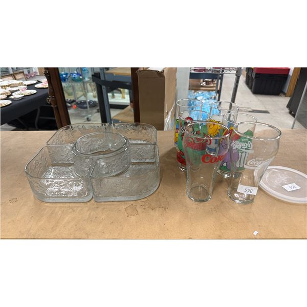 FANTASIA CRYSTAL CHIP & DIP SET & (6) MCDONALD'S & COKE GLASSES