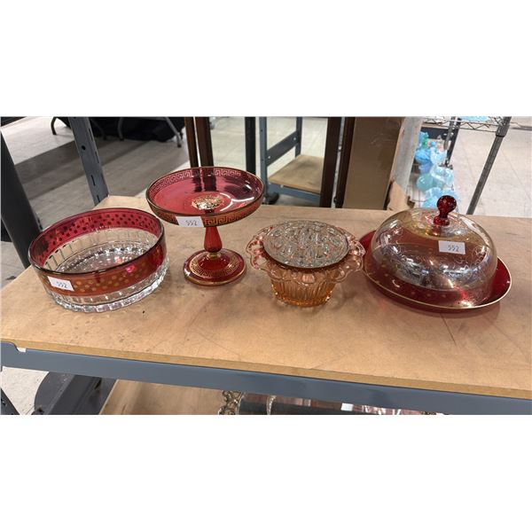 CAKE TRAY, DESSERT TRAY W/CLOCHE, ROSE BOWL W/FROG AND SERVING BOWL