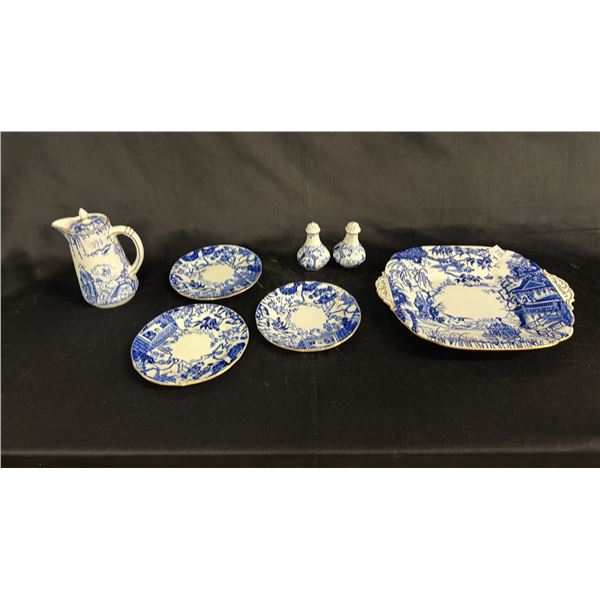 ROYAL CROWN DERBY CHINA: CREAMER, SALT & PEPPER, SQUARE SERVING PLATE & (3) SANDWICH PLATES