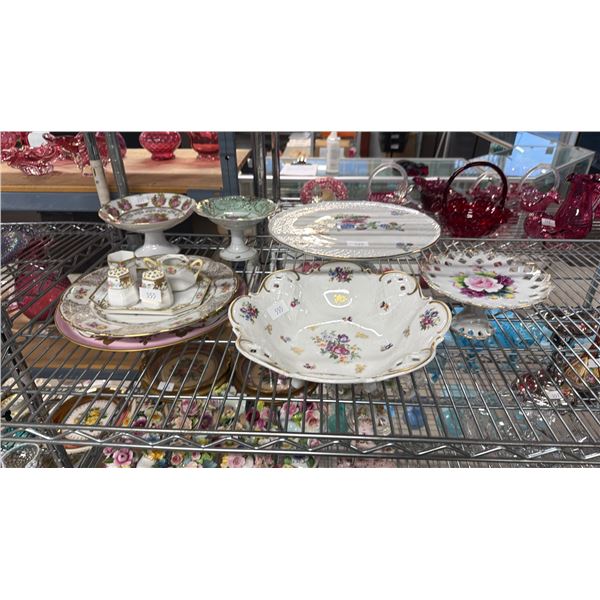 ASSORTED CHINA GLASS WARE, CAKE STANDS, PLATES, SALT & PEPPER & MORE