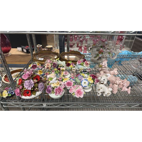 ASSORTED CHINA FLORALS, CHINA POODLES, CHINA CANDLEHOLDERS & FRAMED PETITE POINT
