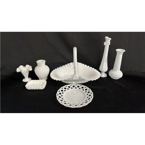 (7) PIECES OF ASSORTED MILK GLASS: VASES, BASKET & PLATES - SOME HOBNAIL