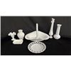 Image 1 : (7) PIECES OF ASSORTED MILK GLASS: VASES, BASKET & PLATES - SOME HOBNAIL