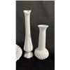 Image 2 : (7) PIECES OF ASSORTED MILK GLASS: VASES, BASKET & PLATES - SOME HOBNAIL