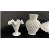 Image 6 : (7) PIECES OF ASSORTED MILK GLASS: VASES, BASKET & PLATES - SOME HOBNAIL