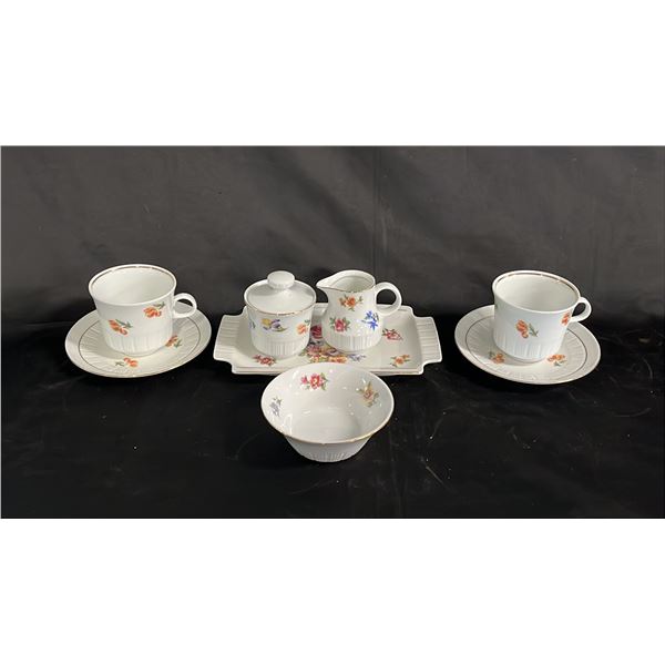 VINTAGE GERMAN TEA CUPS, SAUCERS, NAPPY & CREAM & SUGAR ON A TRAY