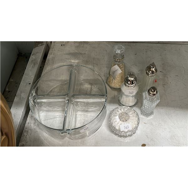 PARTITIONED SNACK BOWL, DUSTING SILK, POWDER BOWL & SALT & PEPPER SHAKERS