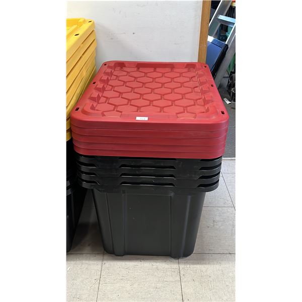 STACK OF (5) LARGE BLACK TOTES WITH RED LIDS