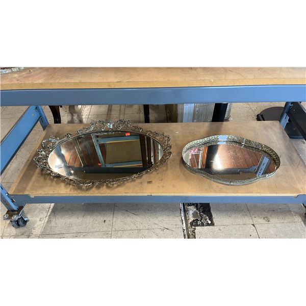 (2) MIRRORED TRAYS WITH METAL TRIM: LARGEST IS 23" WIDE