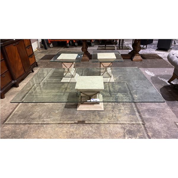 3-PC TRAVERTINE STONE WROUGHT IRON SUSPENDED BEVELED GLASS TOP COFFEE TABLE SET; COFFEE